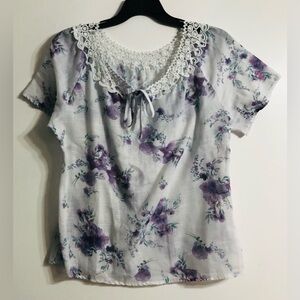 Women’s blouse laced round neck front tie  lightweight floral purple.one size